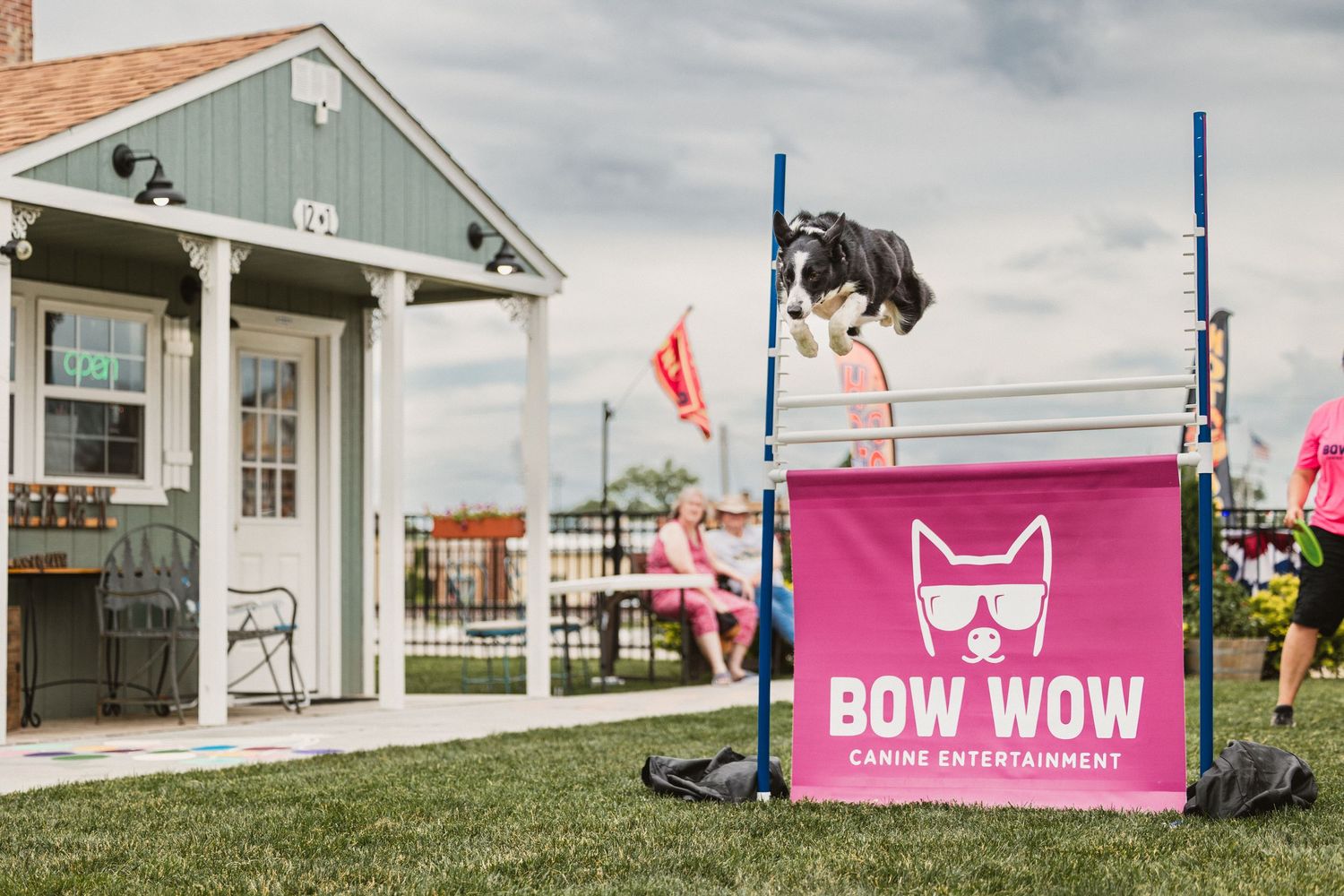 A dog leaps over a Bow Wow Canine Entertainment banner during an outdoor agility demonstration.