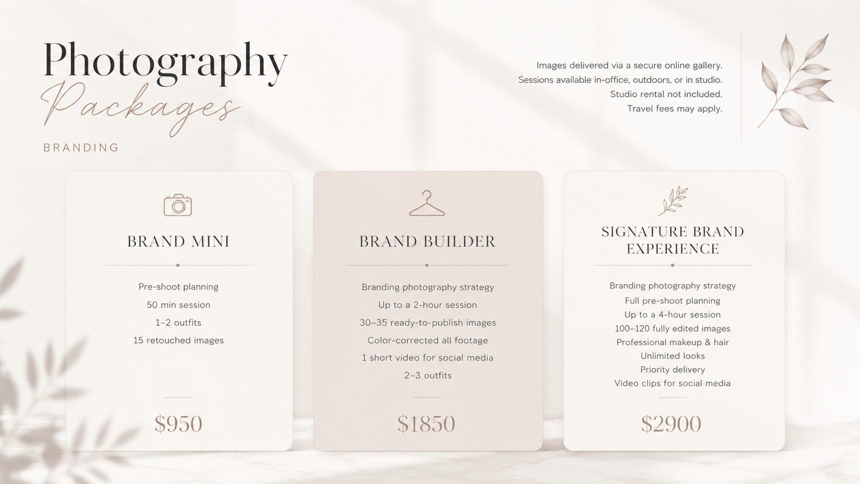 Three photography service package options displayed as gray and black squares showing different price tiers at $500 each.