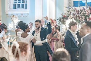 Behind the scenes of a Bridgerton Netflix filming setup at Newark Town Hall, showing the end of the dance routine.