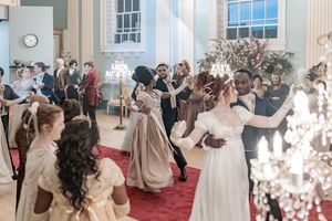 Behind the scenes of a Bridgerton Netflix filming setup at Newark Town Hall, showing the dance routine.
