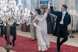 Behind the scenes of a Bridgerton Netflix filming setup at Newark Town Hall, showing mid dance routine in the ballroom.