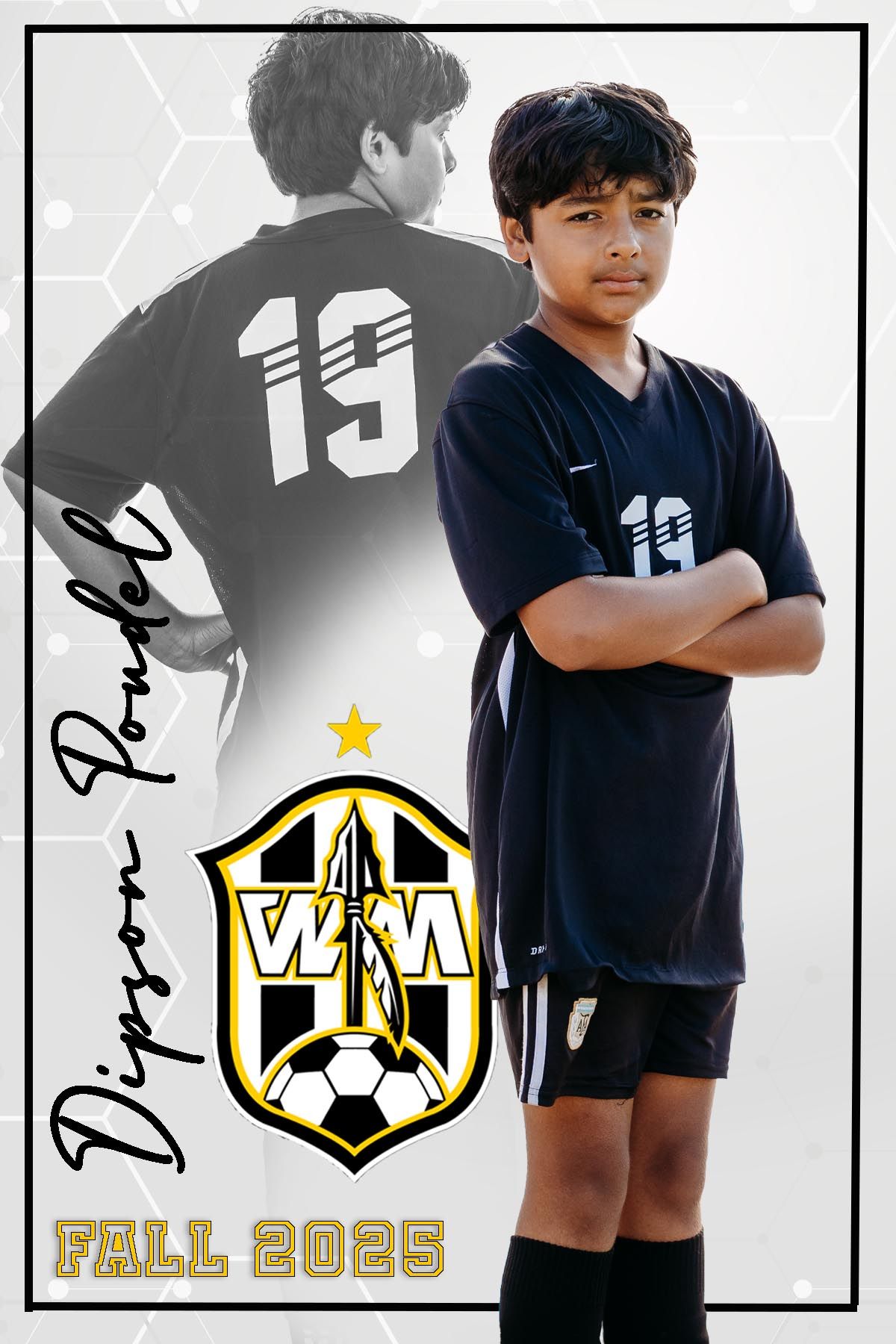 Youth soccer player in navy blue uniform number 19 poses for team photo with club logo and Fall 2025 text.