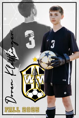 Youth soccer player in black Nike uniform poses with ball against backdrop featuring team logo and Fall 2023 text.