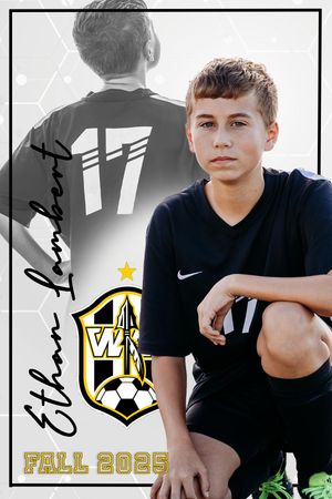 Youth soccer player in black Nike uniform kneels for team photo with club logo and Fall 2022 text overlay.