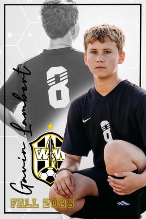 Soccer player in black jersey sits thoughtfully against backdrop with team crest and Fall 2023 graphics.
