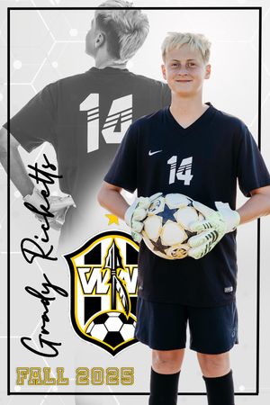 Soccer player in navy uniform number 14 poses with goalkeeper gloves and soccer balls next to team logo.