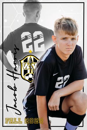 Athletic youth in black soccer uniform kneels for sports portrait with team branding and Fall 2023 text.