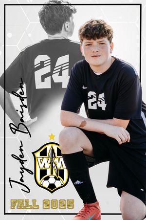 Soccer themed black and gold photo collage featuring sports portraits and team branding elements against white background.