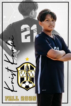 Youth soccer player poses in navy blue team uniform with team logo and Fall 2023 text in sports portrait composition.