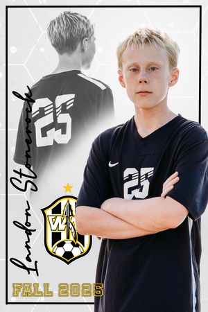Youth athlete in navy Nike sports uniform poses confidently against white background with athletic logos.