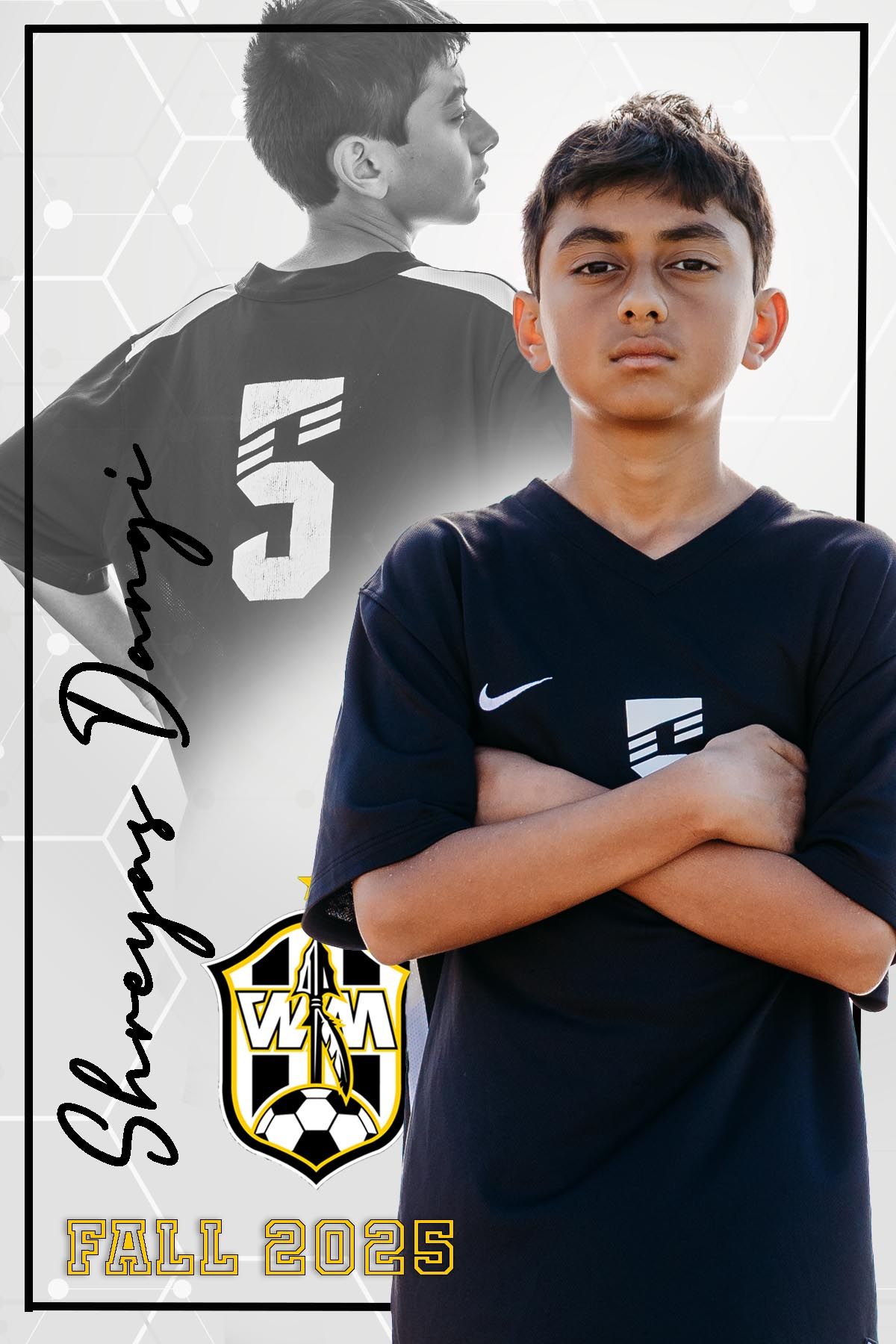 Black and white sports photo collage with Nike soccer uniform and gold team logo accents.