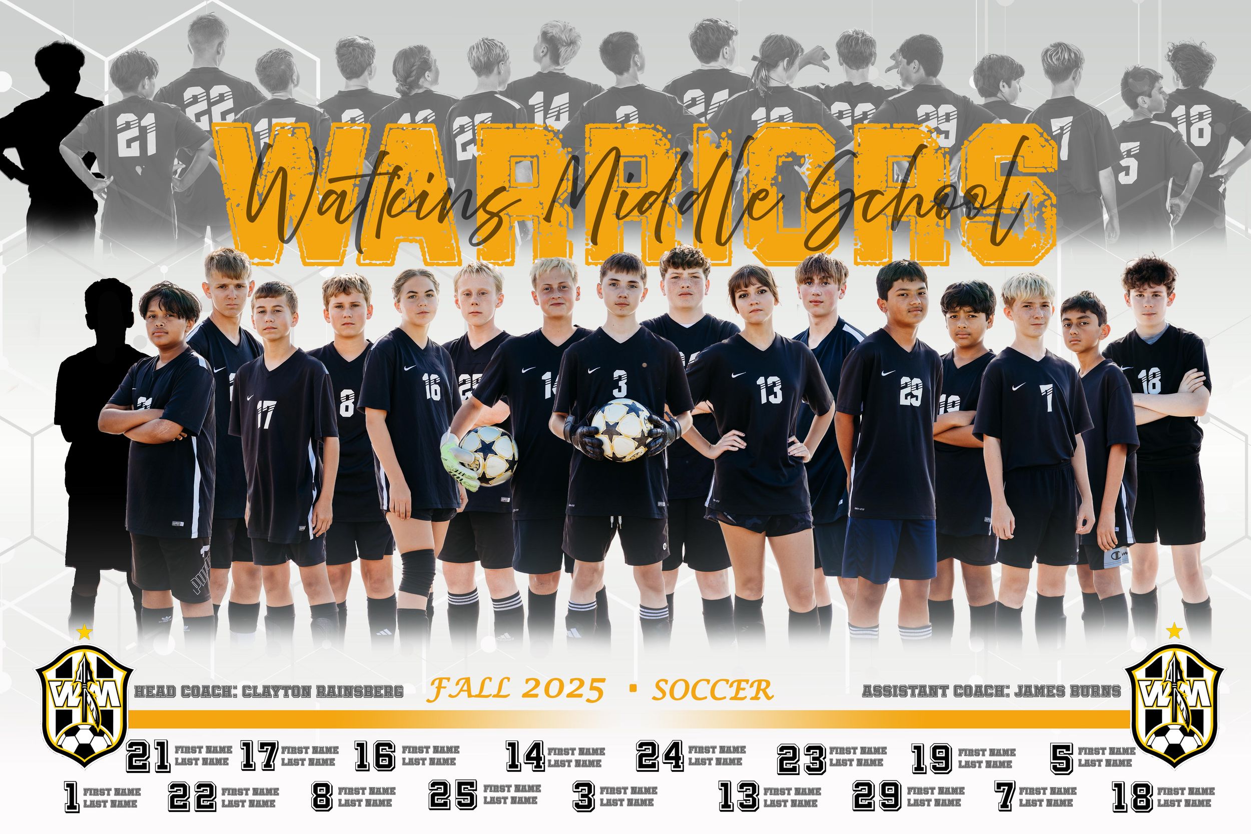 A long row of soccer team members in black uniforms with yellow accents lined up against a white background.