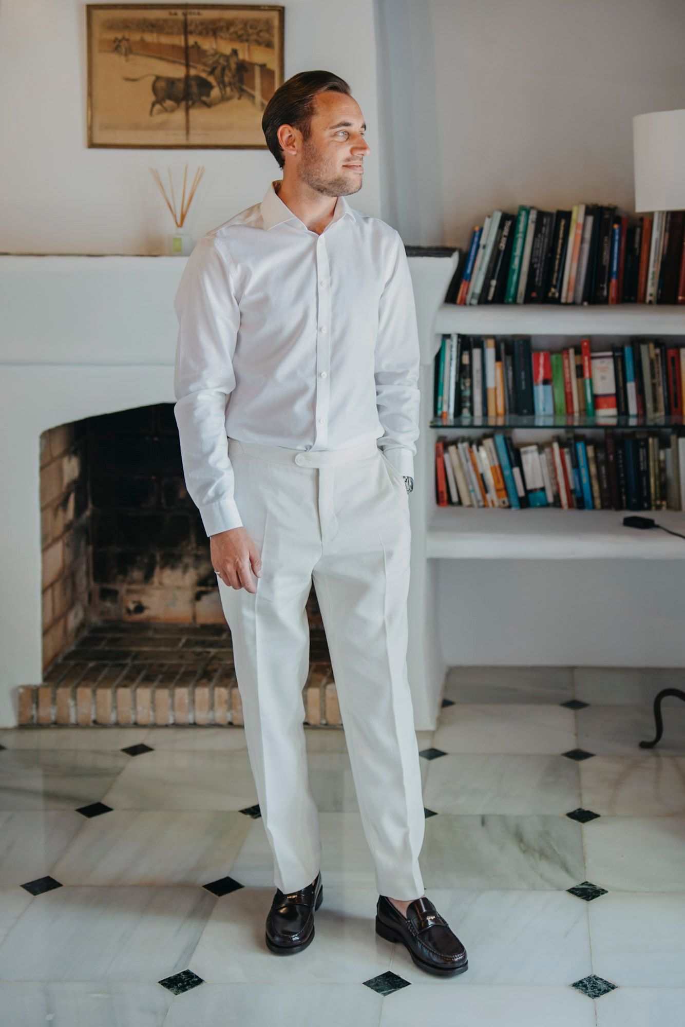 A sequence of photos showing formal white attire and dress shoes against a tiled floor with bookshelves.