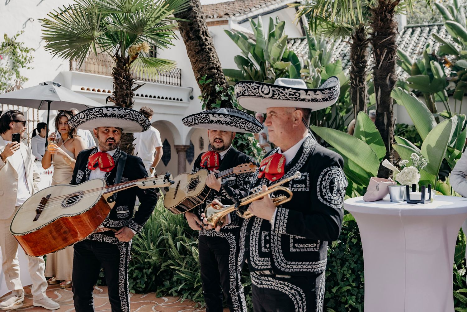 Live band performs at an outdoor wedding reception with palm trees in the background.