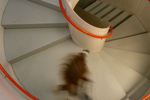 Staircase from above, capturing blurred motion while someone descends the stairs.