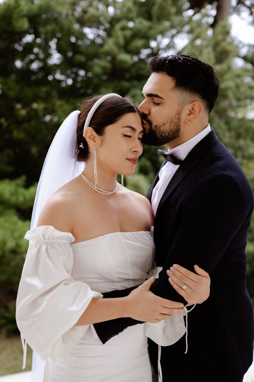 A romantic wedding photo sequence shows a couple in an intimate embrace outdoors, with the bride in white and groom in black.