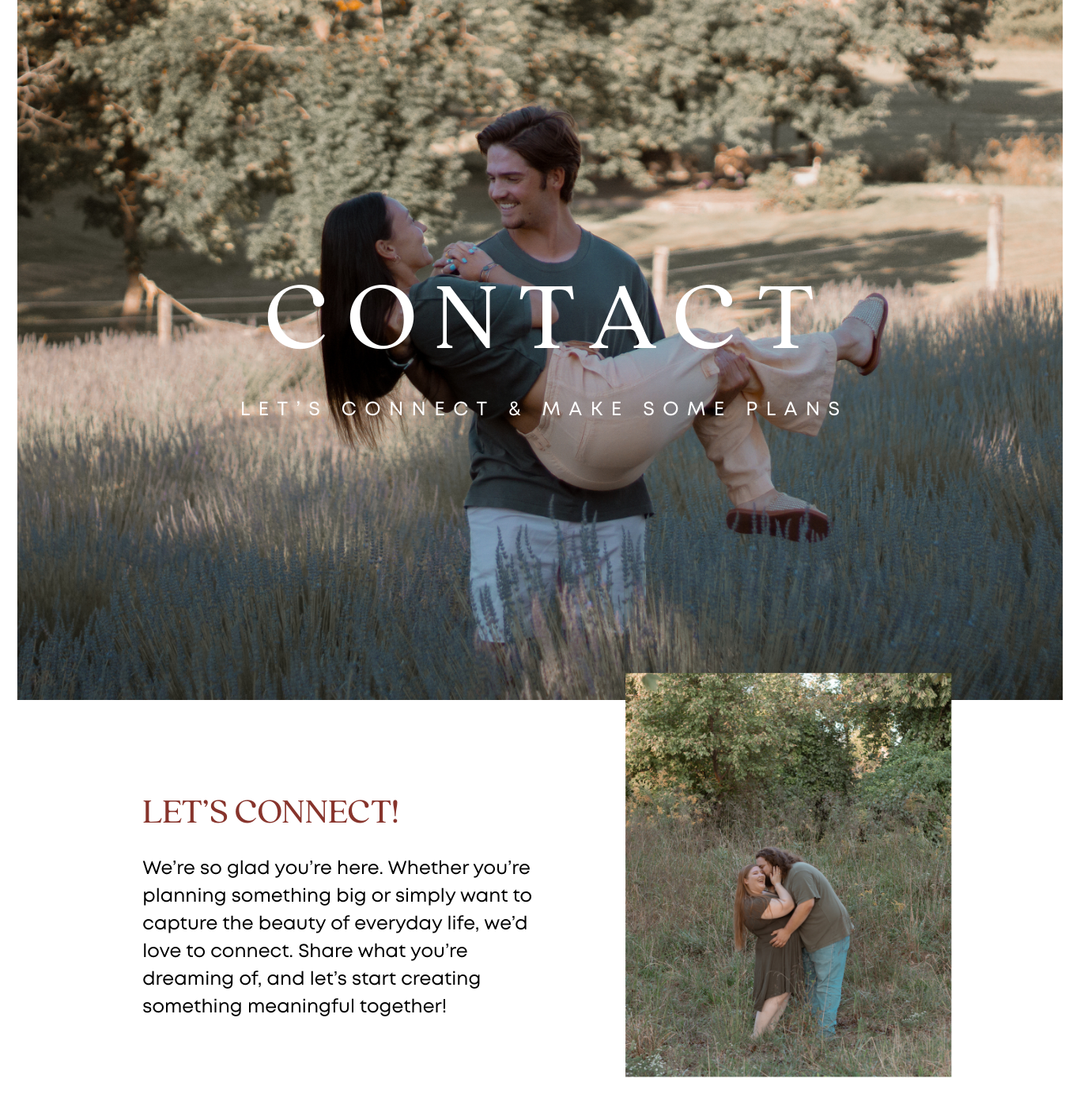 A collection of romantic outdoor photo session images with couples in natural settings and text overlays about connection.