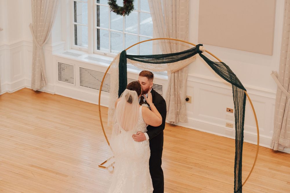 Bride and groom during first look at Yorktowne Hotel wedding in York PA