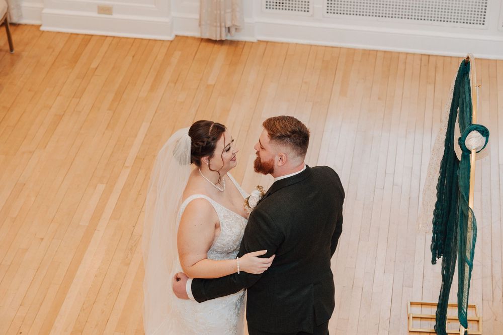 Bride and groom during first look at Yorktowne Hotel wedding in York PA