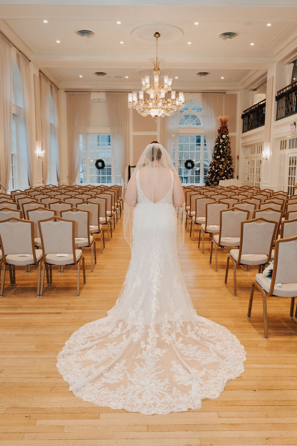 Bride and groom during first look at Yorktowne Hotel wedding in York PA