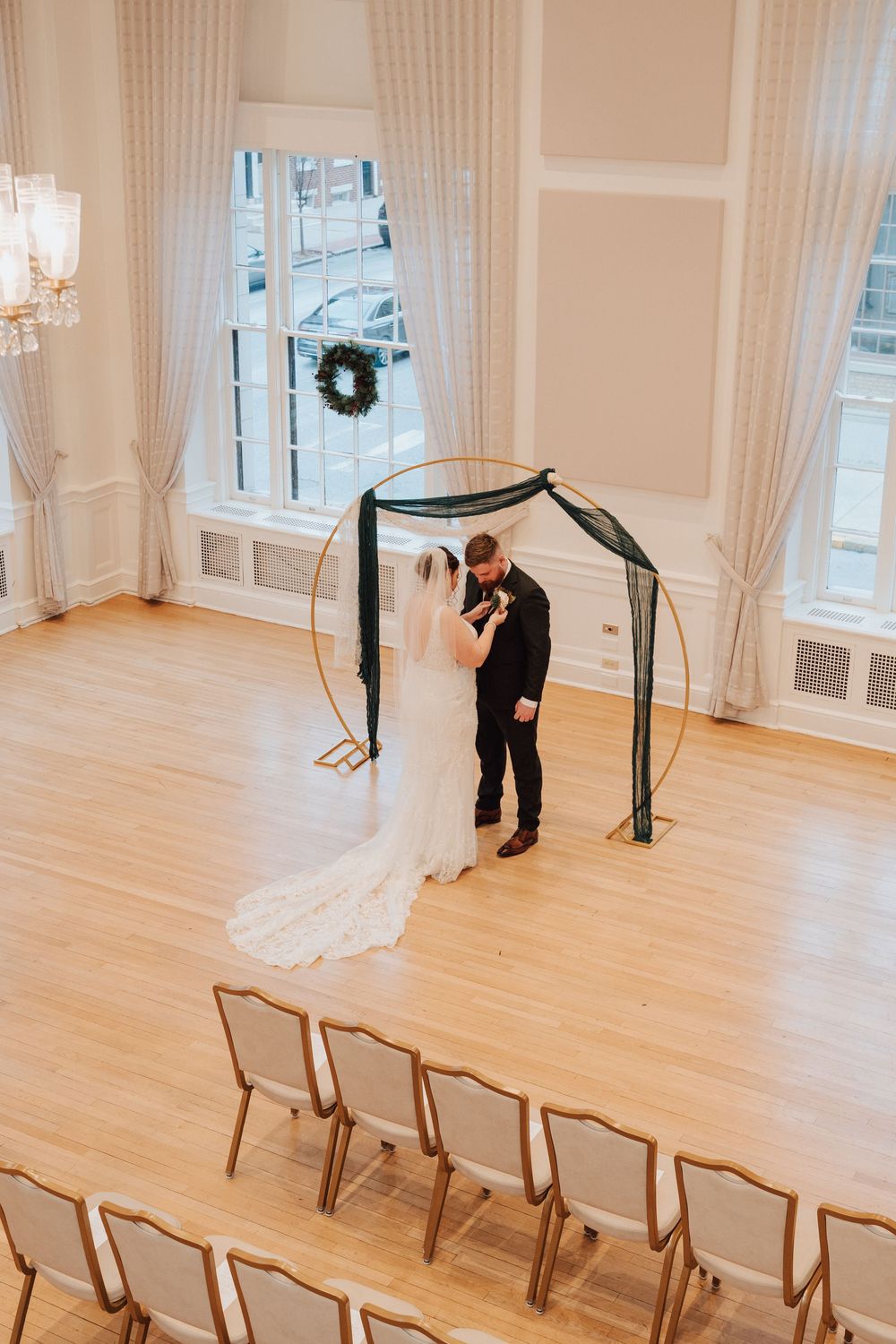 Bride and groom during first look at Yorktowne Hotel wedding in York PA