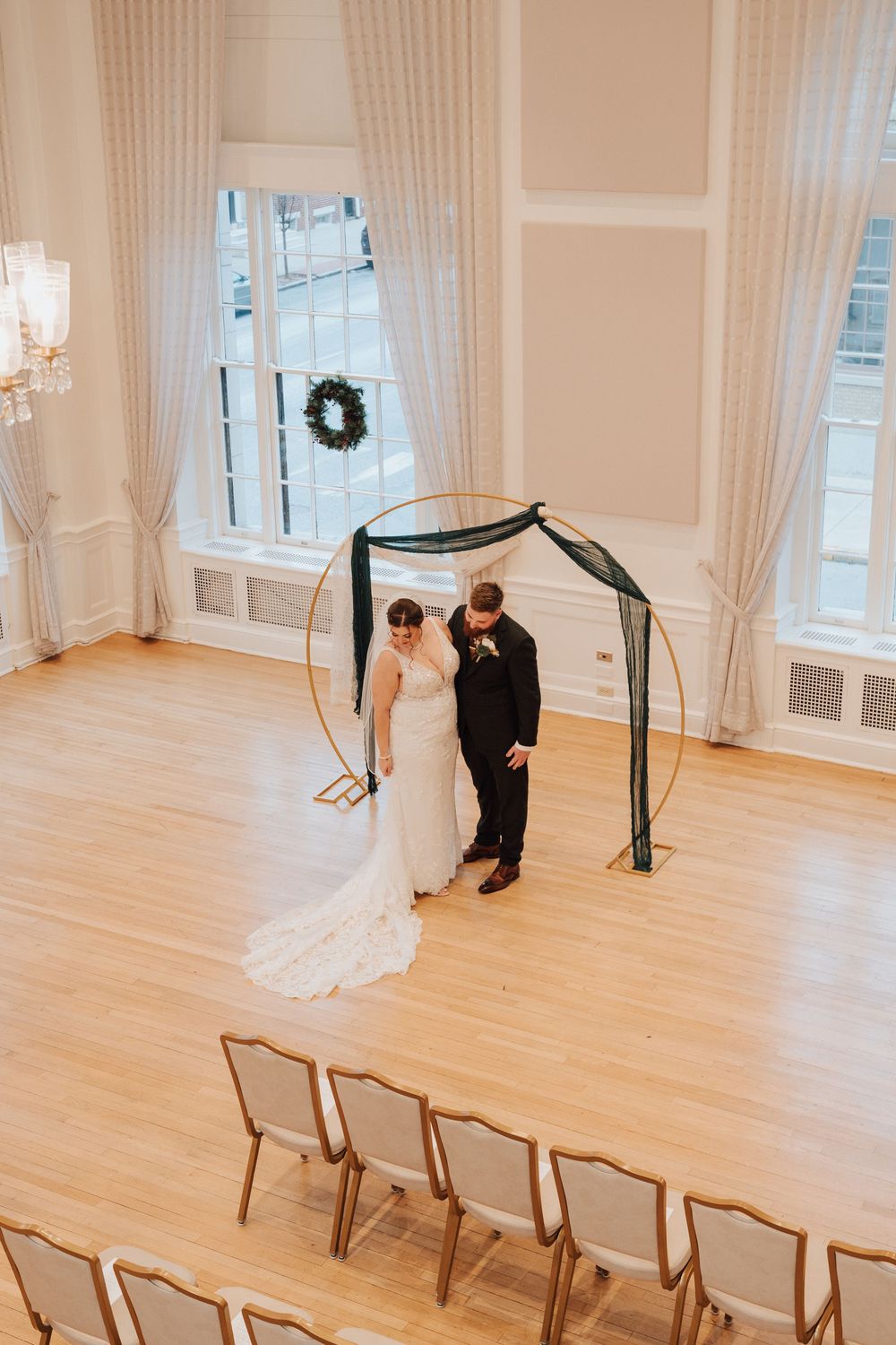 Bride and groom during first look at Yorktowne Hotel wedding in York PA