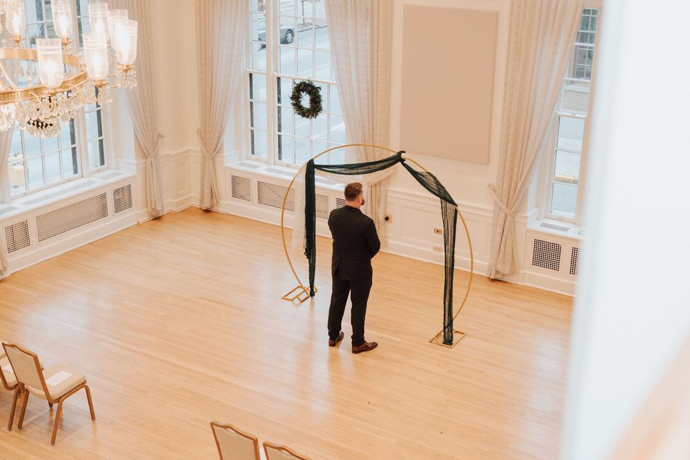 Bride and groom during first look at Yorktowne Hotel wedding in York PA
