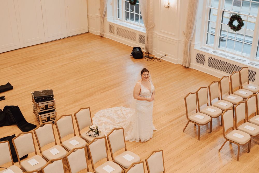 Bride and groom during first look at Yorktowne Hotel wedding in York PA