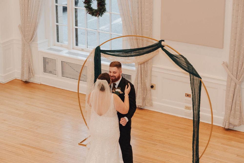 Bride and groom during first look at Yorktowne Hotel wedding in York PA