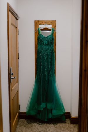 An elegant emerald green formal gown with tulle skirt and beaded bodice hangs against a white wall.