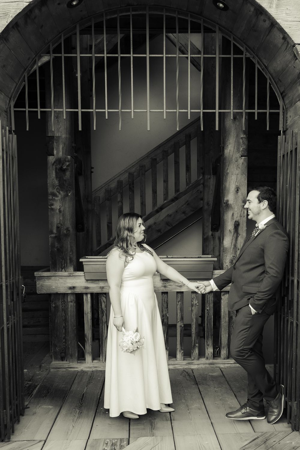 black and white wedding portrait, rustic theme
