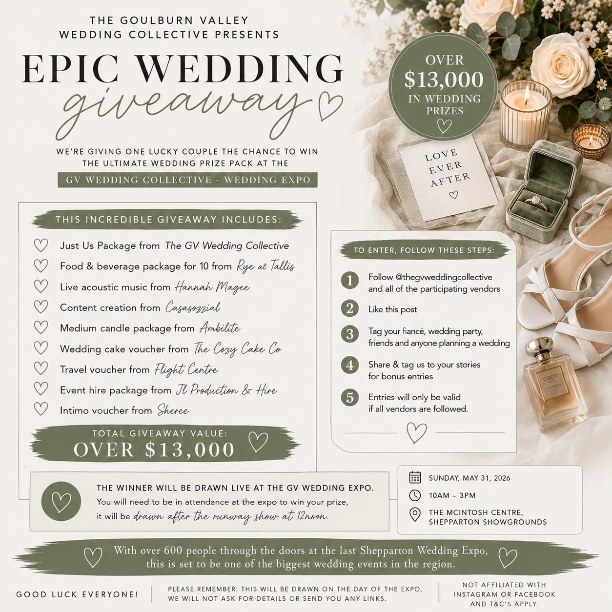 Elegant Epic Wedding Giveaway flyer offering over $13,000 in prizes from GV Wedding Collective vendors.