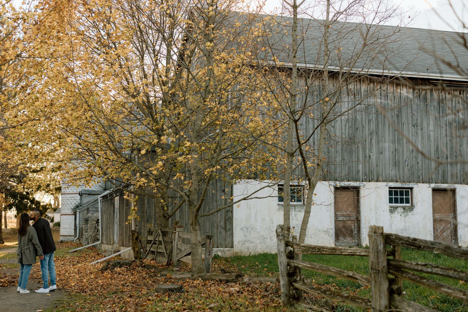 Rustic wooden barn with autumn trees and fallen leaves beside a split-rail fence on a farm.