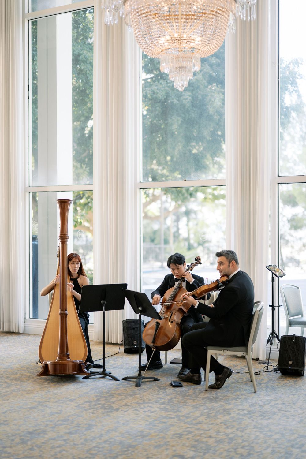 String trio with harp, cello, and violin performing in bright elegant ballroom with crystal chandelier.
