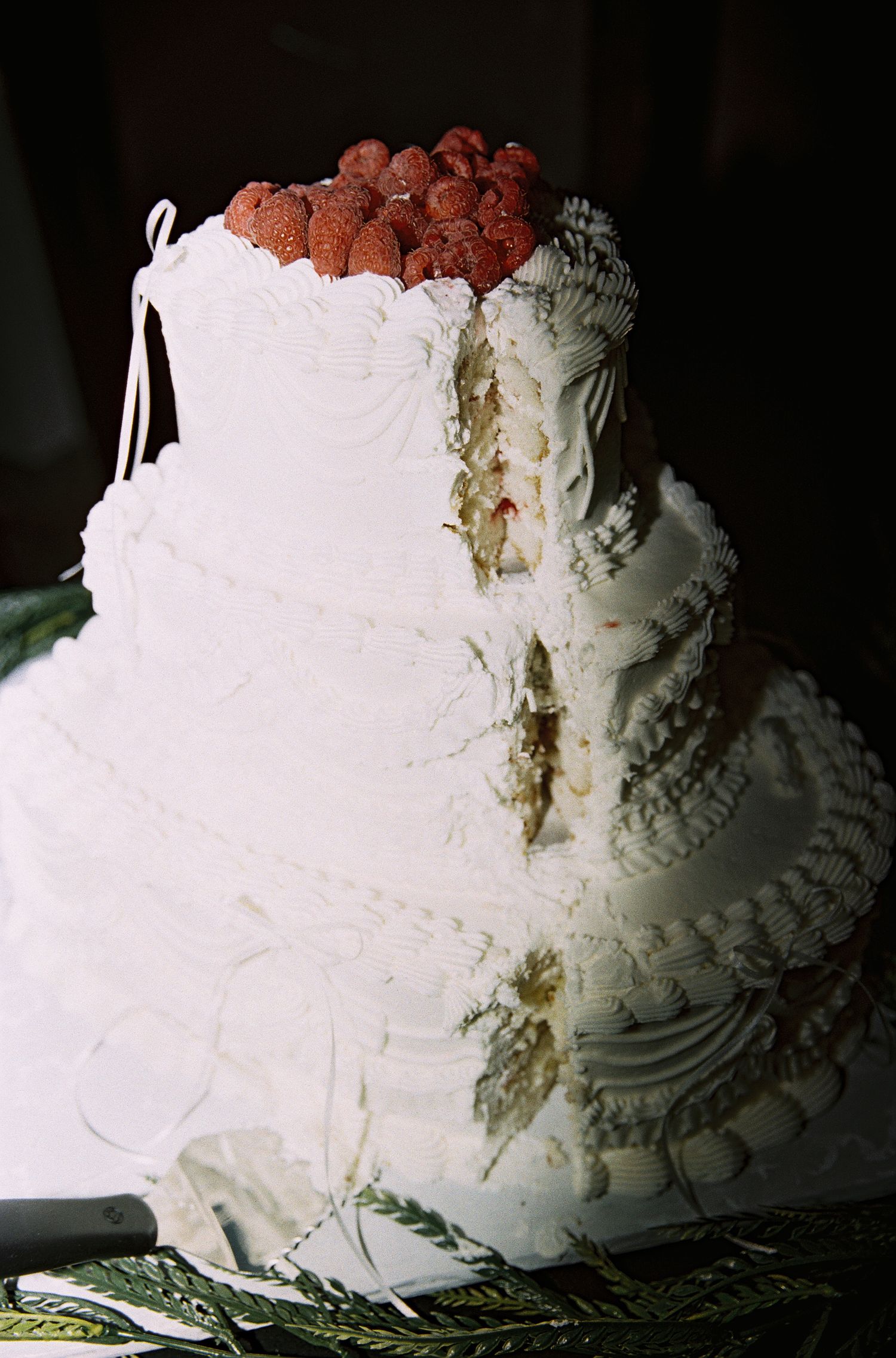 Bride in lace wedding dress holding pink bouquet, standing before white flowering trees with veil and shoulder tattoo.