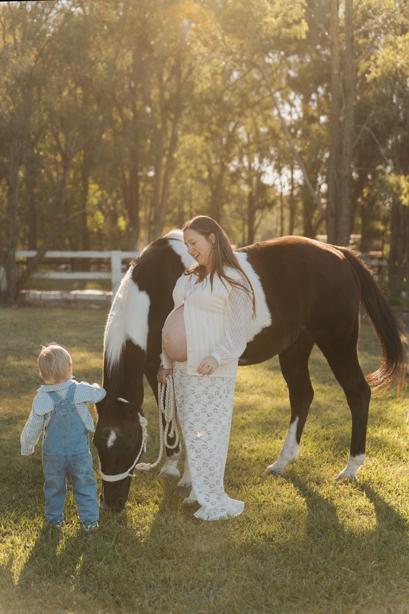 Pregnant woman in white lace dress stands with toddler and paint horse in sunlit pasture during golden hour maternity photo in Sydney