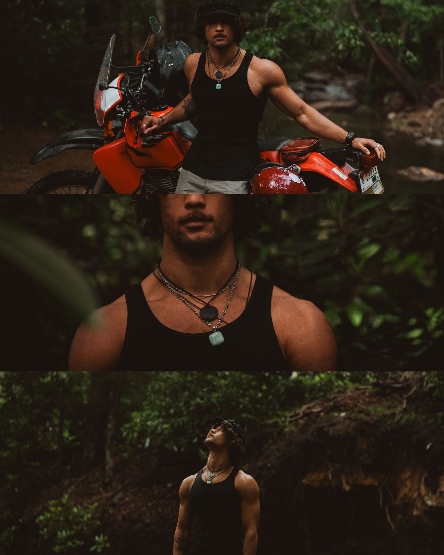 Person wearing a black tank top stands in a wooded area looking up at the sky in dramatic lighting.
