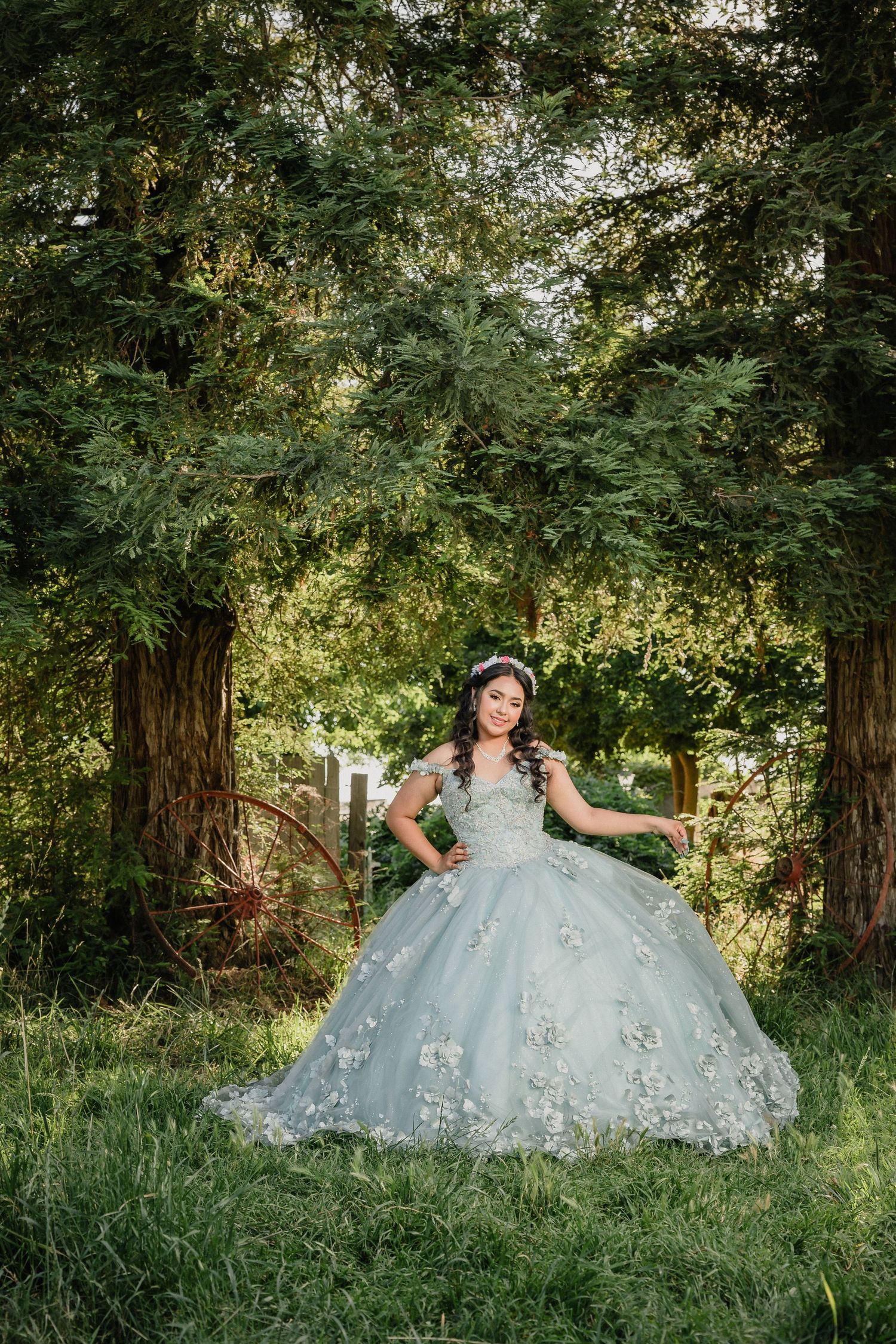 Young woman in a blue ball gown stands before ornate golden gates of a white castle-like building.