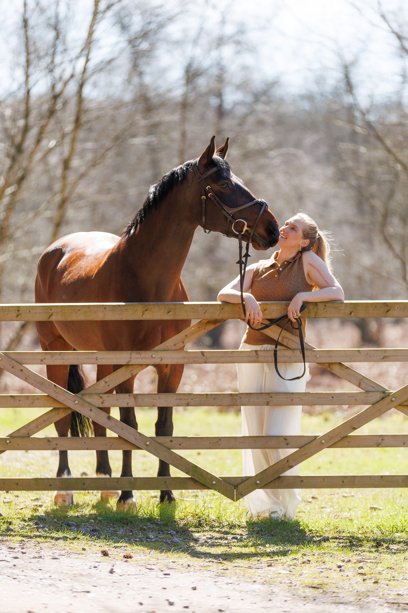 Couple standing with a Gypsy Vanner horse and two golden retrievers on a scenic farm path with spring blossoms.