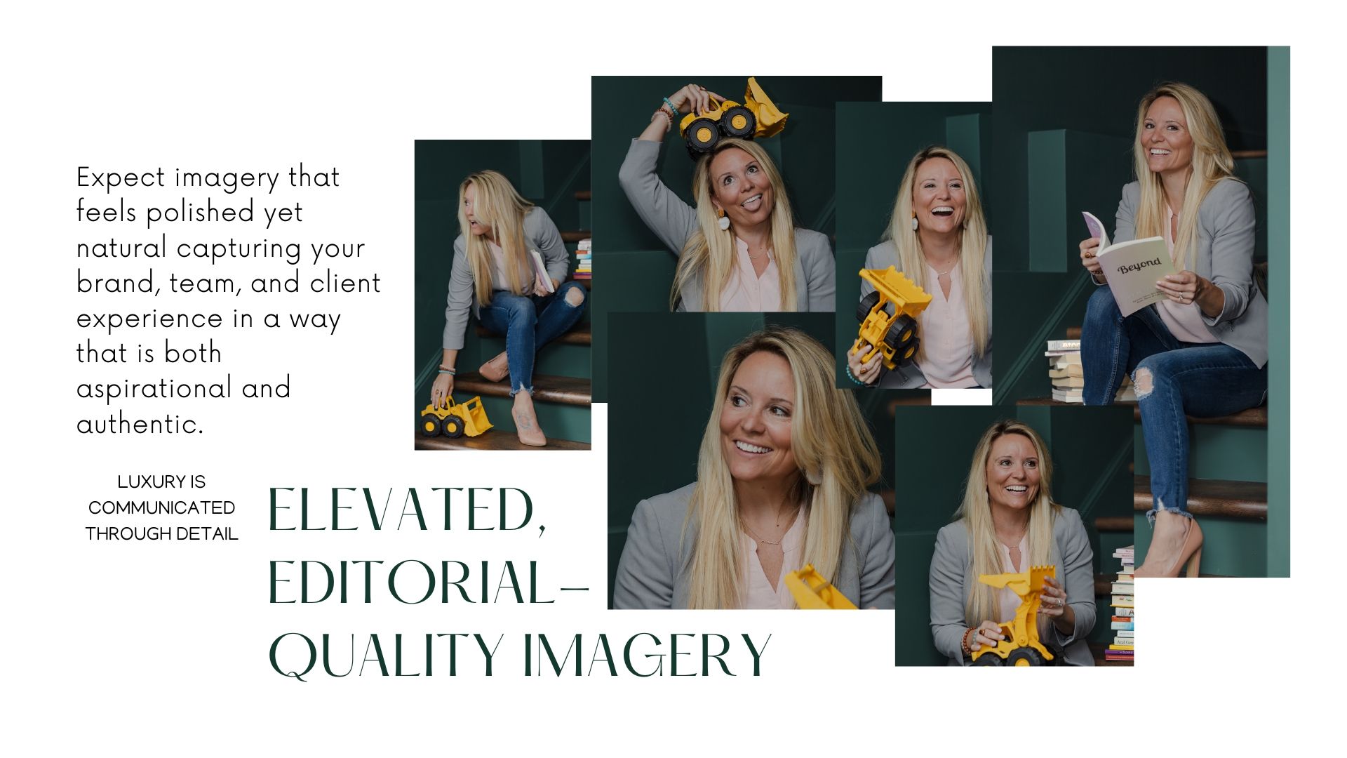 Collage of editorial brand photos featuring a blonde woman in professional outfits, showcasing elevated luxury business imagery.