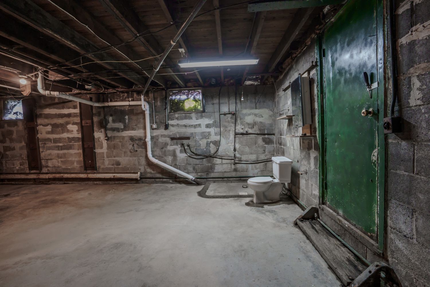 Unfinished basement with concrete block walls, exposed pipes, concrete floor, and a green metal door.