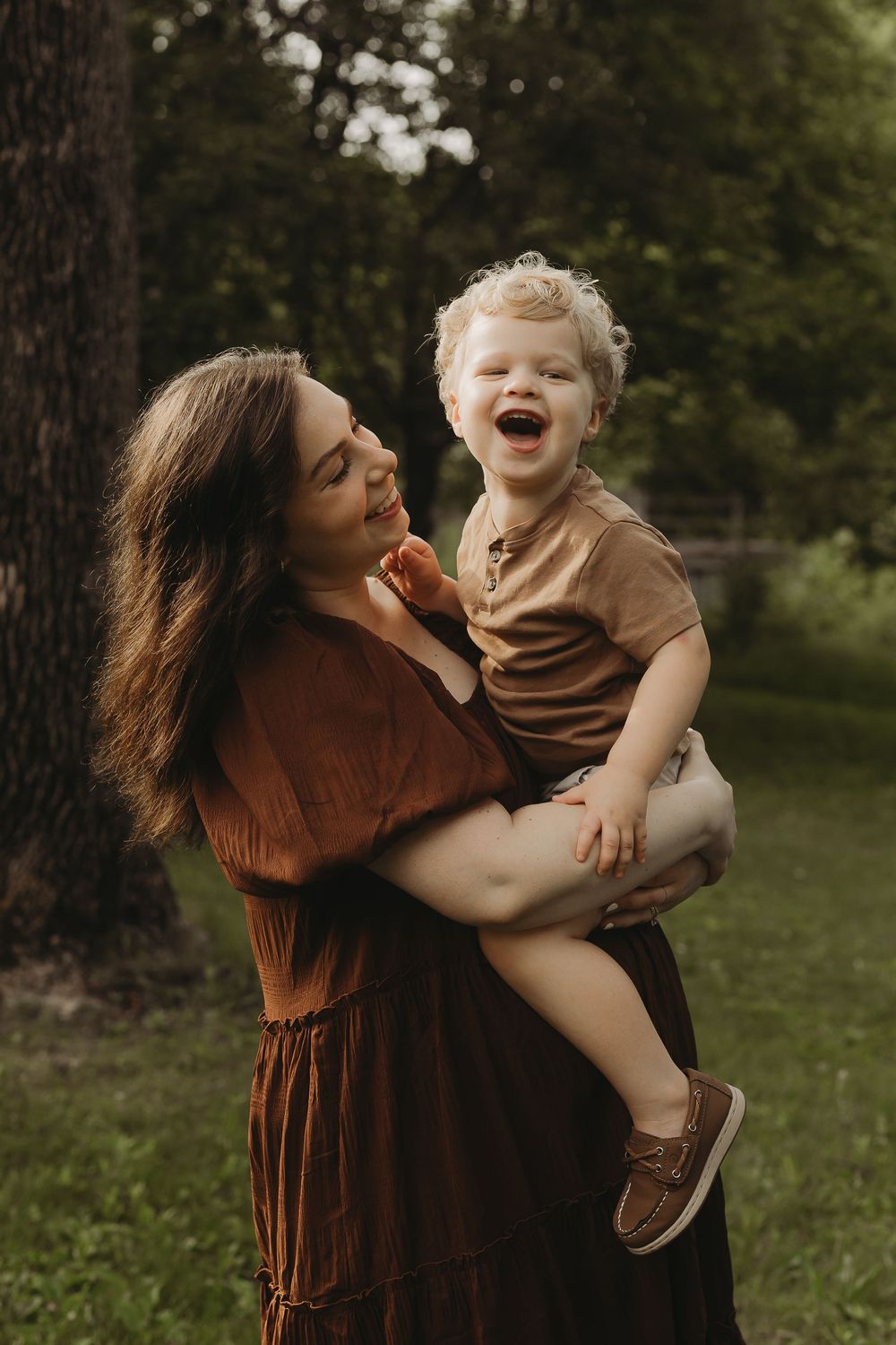 Parent and child share joyful loving moments together outdoors in a series of candid interactions.