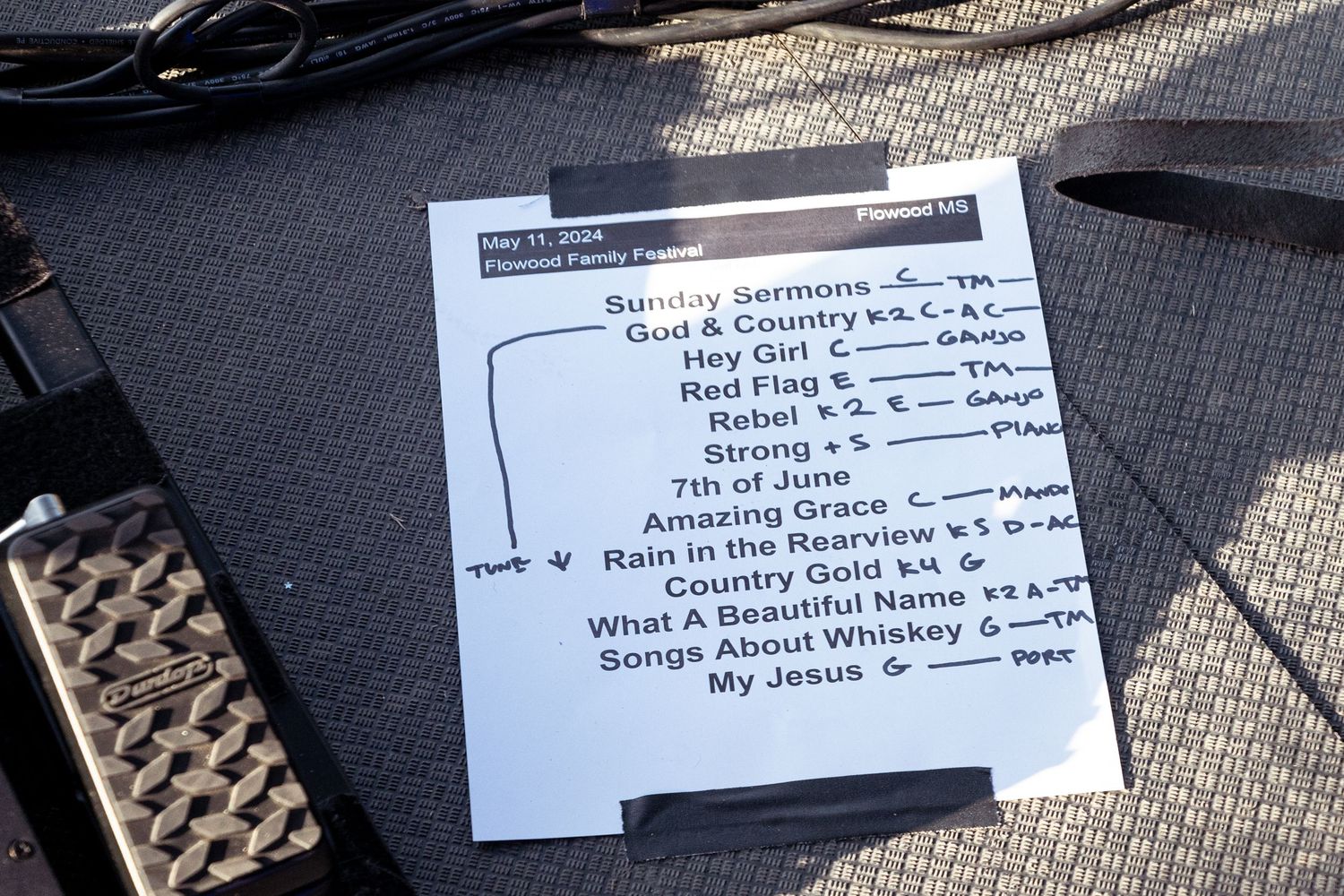 Handwritten nametags and labels displayed on a dark textured surface at an event or conference.