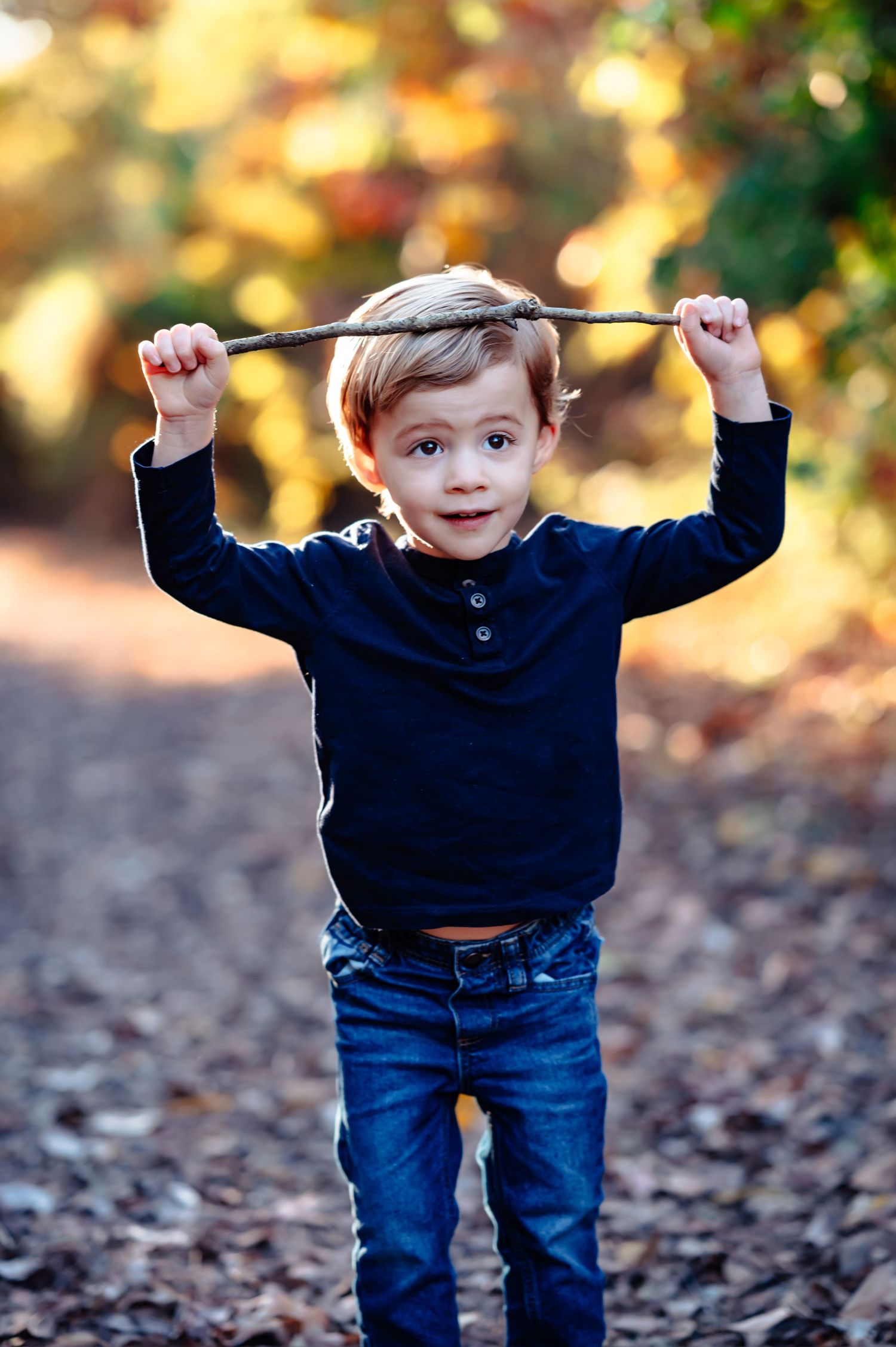 toddler boy holding stick above his head during dallas outdoor fall family photo session