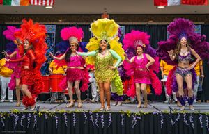 Line of samba dancers wearing vibrant feathered costumes in red, yellow, pink and purple entertaining the audience at a community.