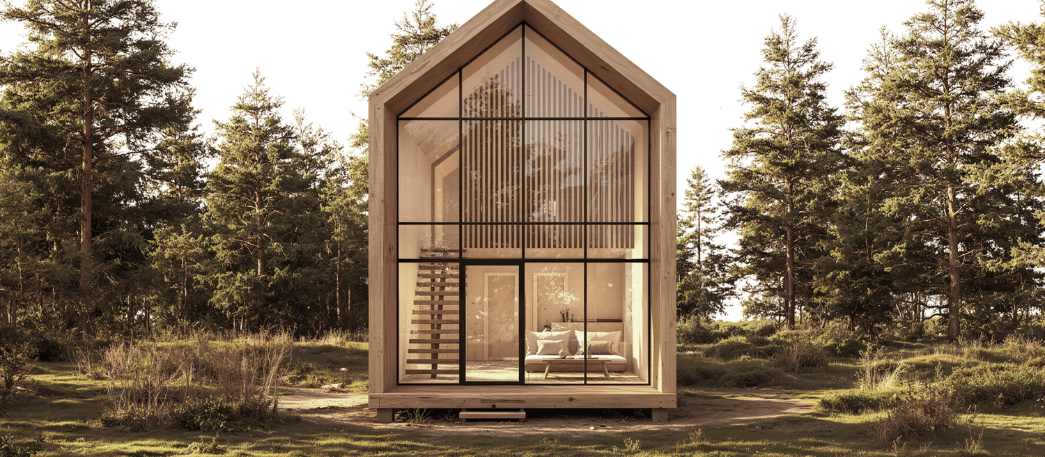 Modern modular house with dark exterior panels and floor-to-ceiling windows in desert environment.
