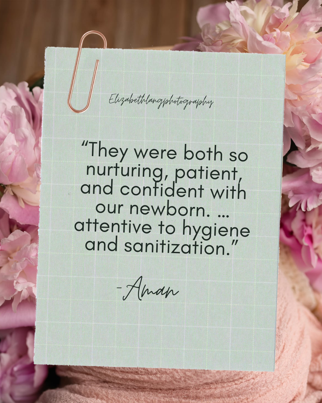 A customer testimonial card with pink flowers showing positive feedback about newborn care and sanitization practices.
