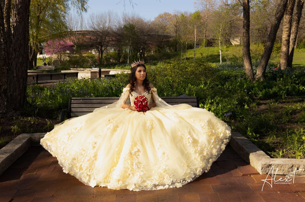 Aileen posing in her yellow Quinceañera dress in a floral park. Professional Mis XV photography at Independence Grove by Alex T.