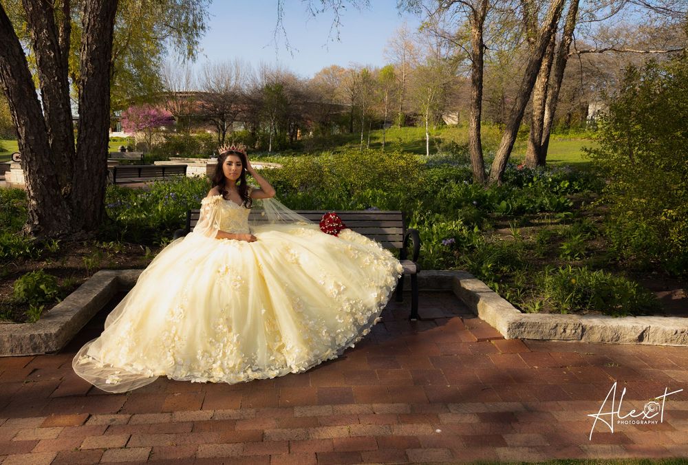 Quinceañera sitting on a stone bench in a lush garden. Aileen's Sweet XV yellow gown portraits by Alex T Photography Lake County.