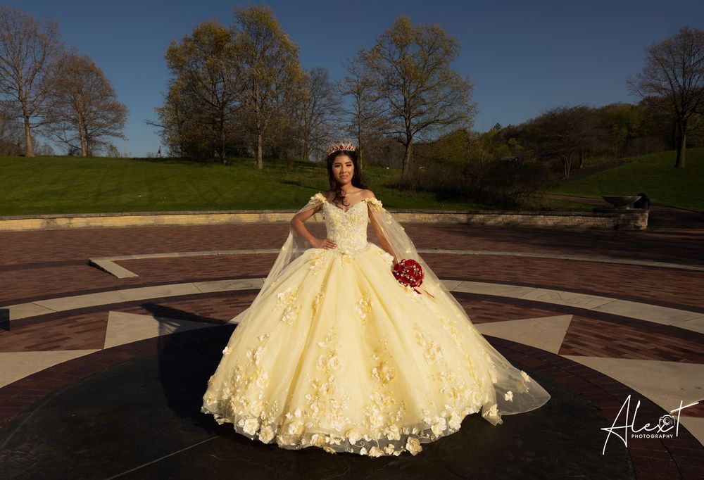 Aileen’s Sweet XV portrait at Independence Grove Park at sunset. Professional yellow gown photography by Alex T in Libertyville.